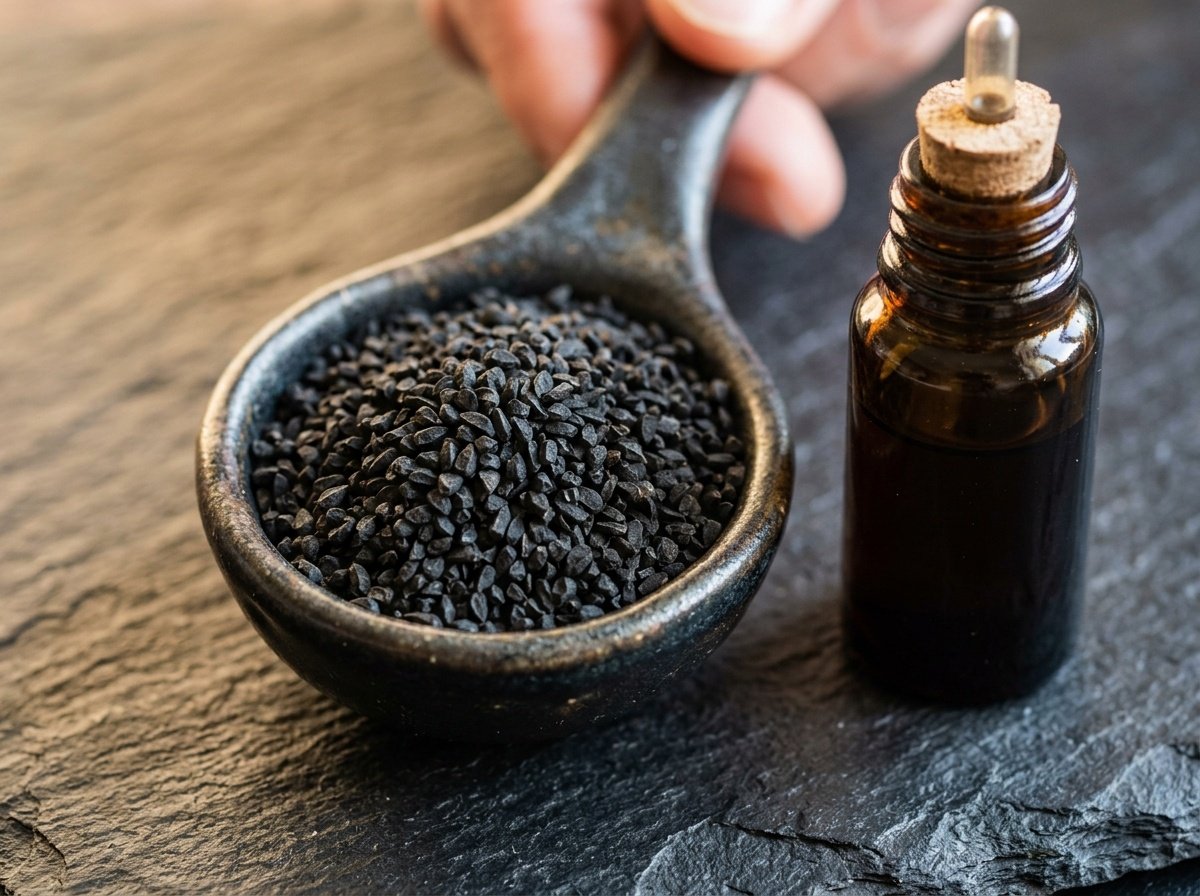 Pure black seeds Nigella sativa in ceramic spoon with cold-pressed black seed oil rich in thymoquinone for male fertility and vitality