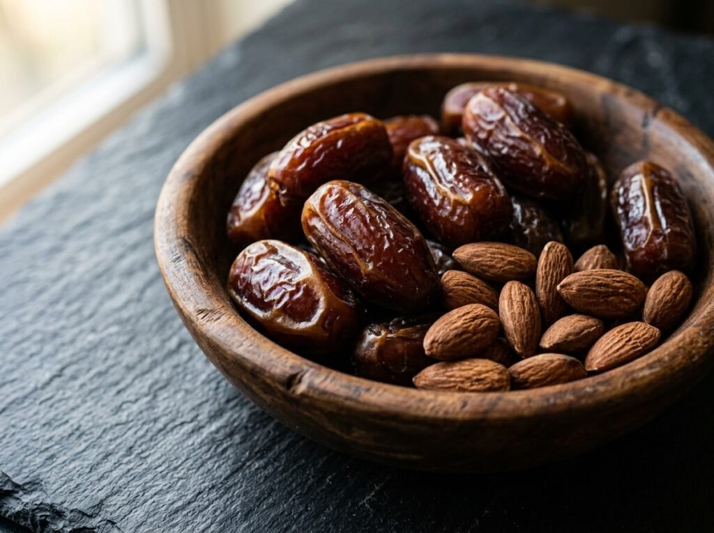 Mangkuk kayu berisi buah kurma segar dan kacang badam mentah kaya dengan L-arginina, zink dan lemak sihat untuk stamina lelaki