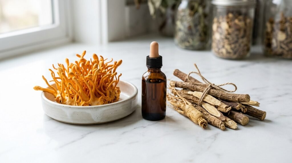 Cendawan Cordyceps militaris keemasan dan ekstrak botani untuk stamina dan tenaga lelaki