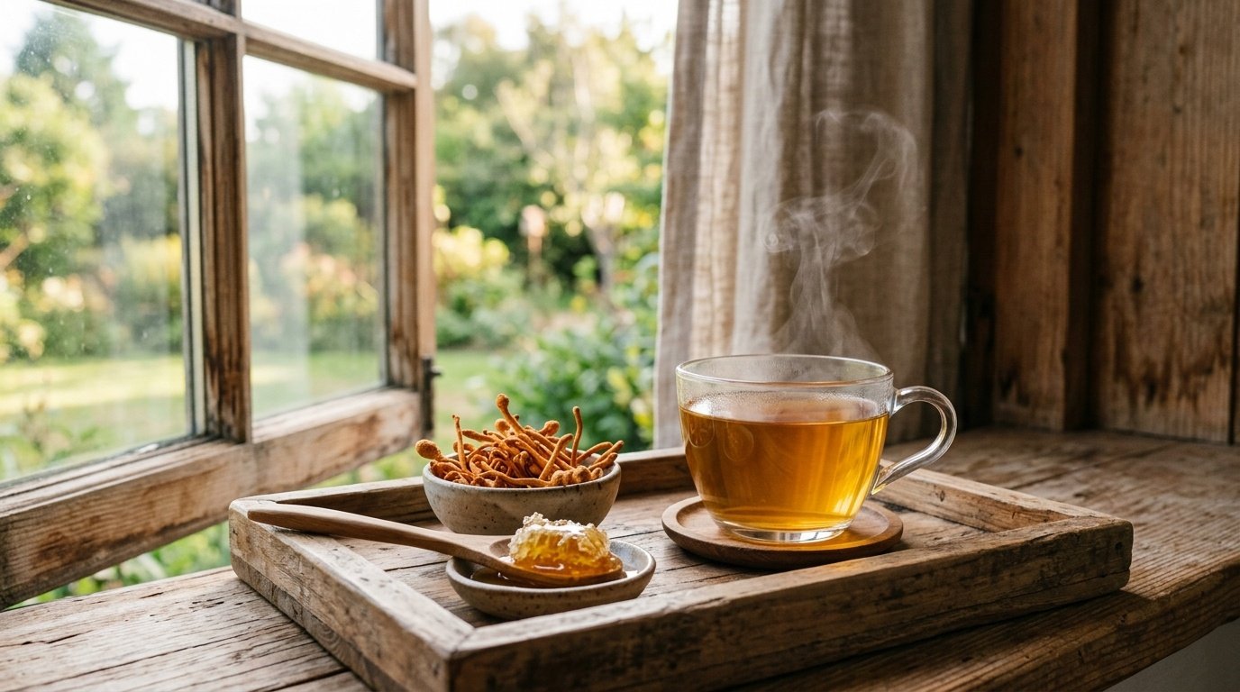 A warm cup of golden herbal cordyceps tea in a glass mug with dried cordyceps and raw honeycomb on a rustic windowsill