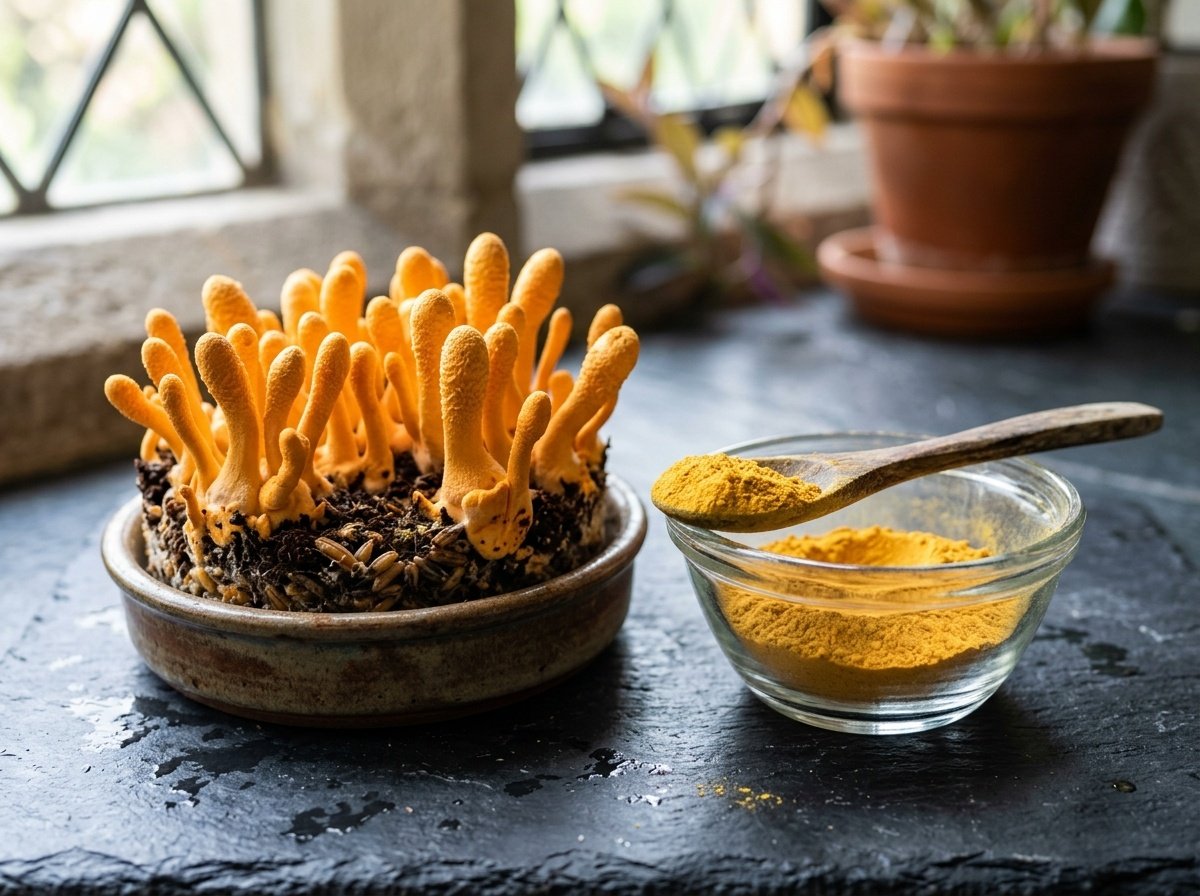 Golden Cordyceps militaris mushroom fruiting bodies and pure extract powder in glass bowl with wooden spoon on dark slate
