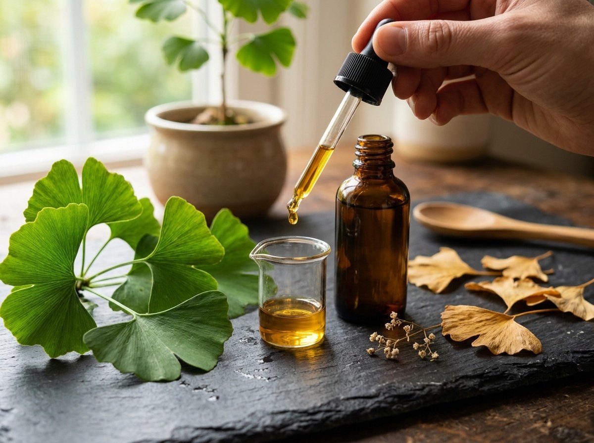 Daun Ginkgo biloba hijau segar bersama botol kaca ambar dan penitis ekstrak herba untuk melancarkan peredaran darah lelaki
