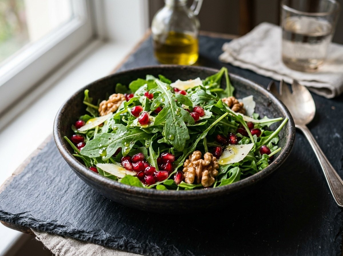 Fresh green arugula rocket salad with walnuts and pomegranate rich in dietary nitrates for male nitric oxide and vascular stamina