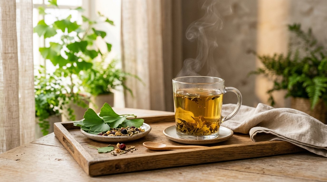 A warm cup of steeped herbal Ginkgo Biloba tea for daily stamina and blood flow support