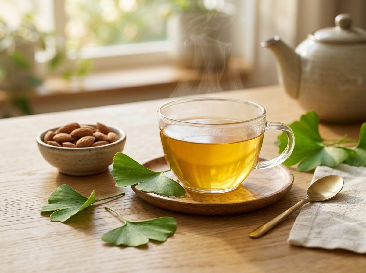 A clear glass teacup of golden herbal Ginkgo biloba tea surrounded by fresh ginkgo leaves and raw almonds on a light wooden table