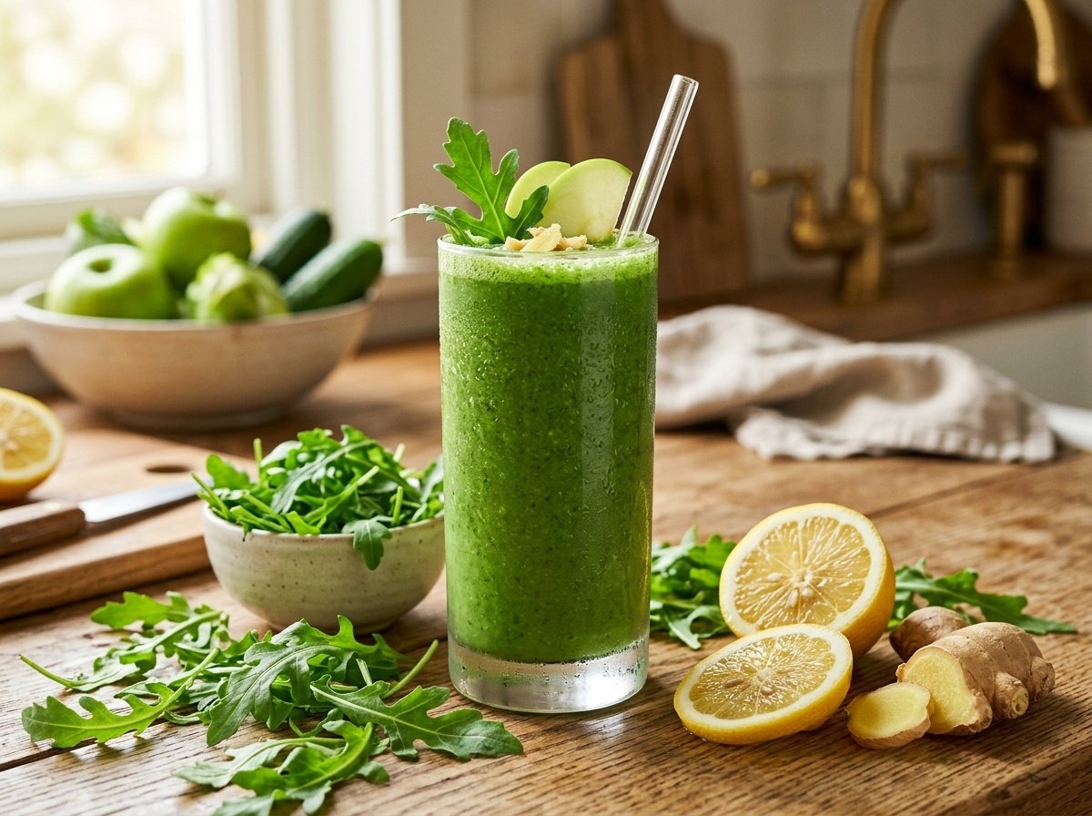 Segelas jus hijau daun arugula segar bersama timun dan lemon membekalkan tenaga bersih dan kelancaran peredaran darah pelvik
