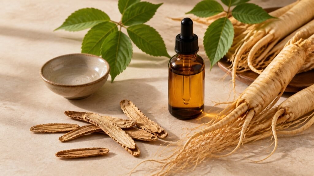 Botol minyak ginseng dengan akar dan daun Panax ginseng
