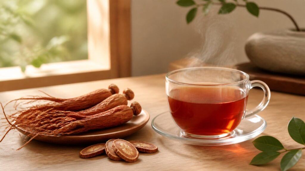 Teh ginseng merah Korea bersama akar ginseng dan hirisan akar