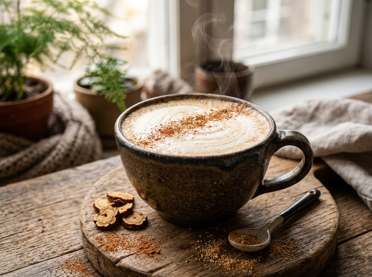 A warm foamy Korean red ginseng wellness tonic latte in a ceramic mug garnished with cinnamon powder on a rustic wooden board