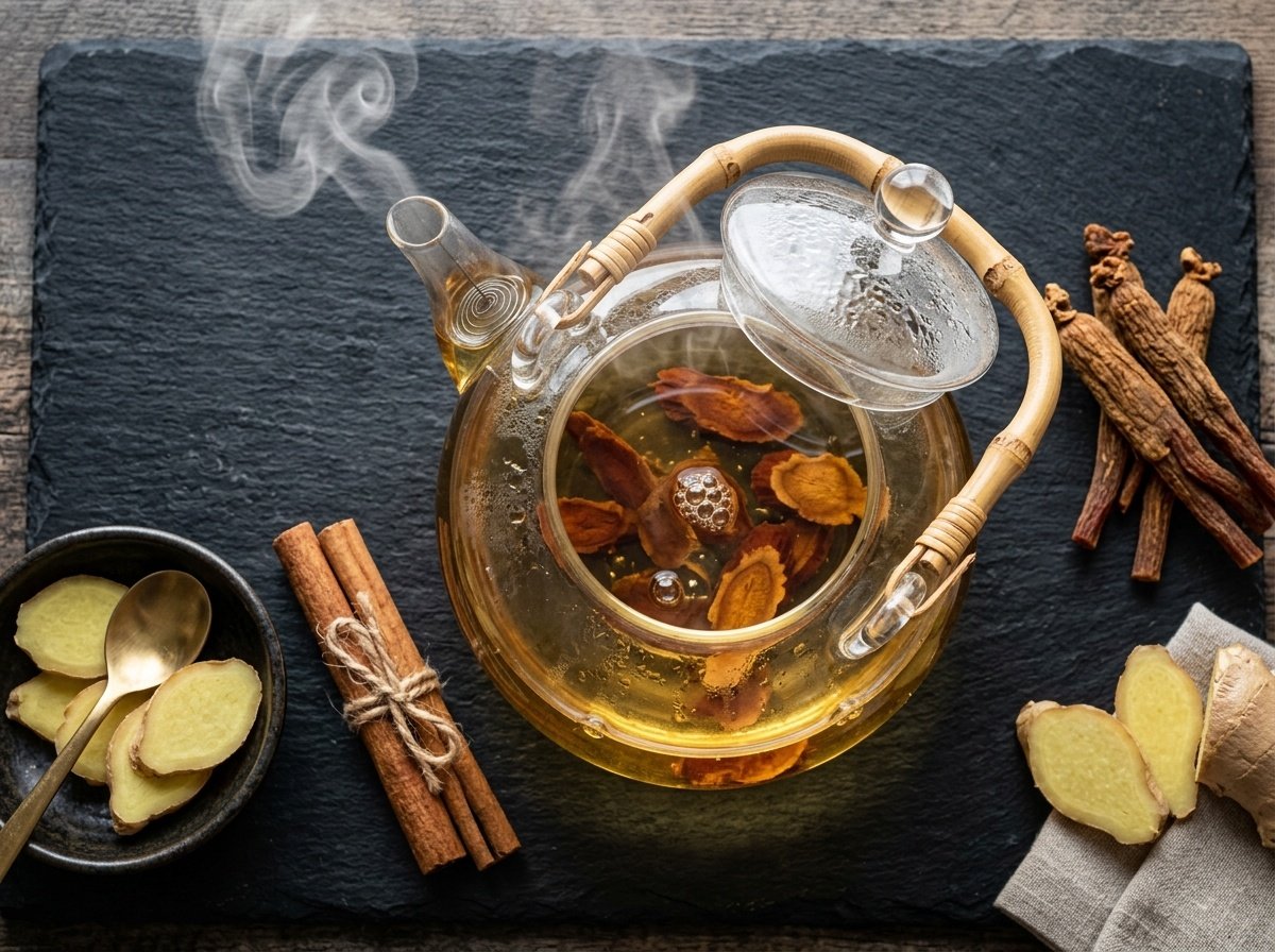 Pandangan atas teko kaca membancuh hirisan akar ginseng merah Korea bersama halia segar dan kayu manis untuk tenaga dan imuniti