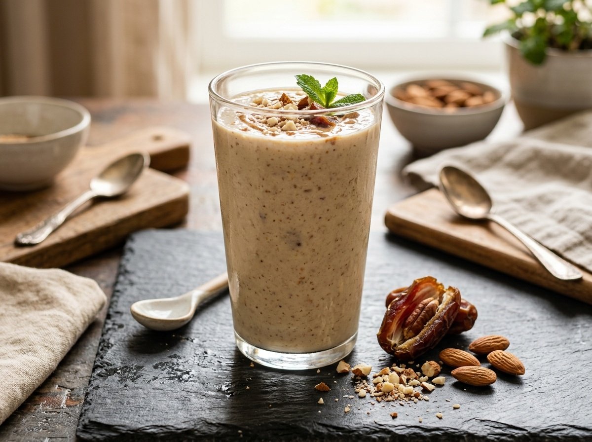 Minuman sihat gabungan kurma dan badam bersama herba adaptogen membekalkan tenaga bersih dan kelancaran darah