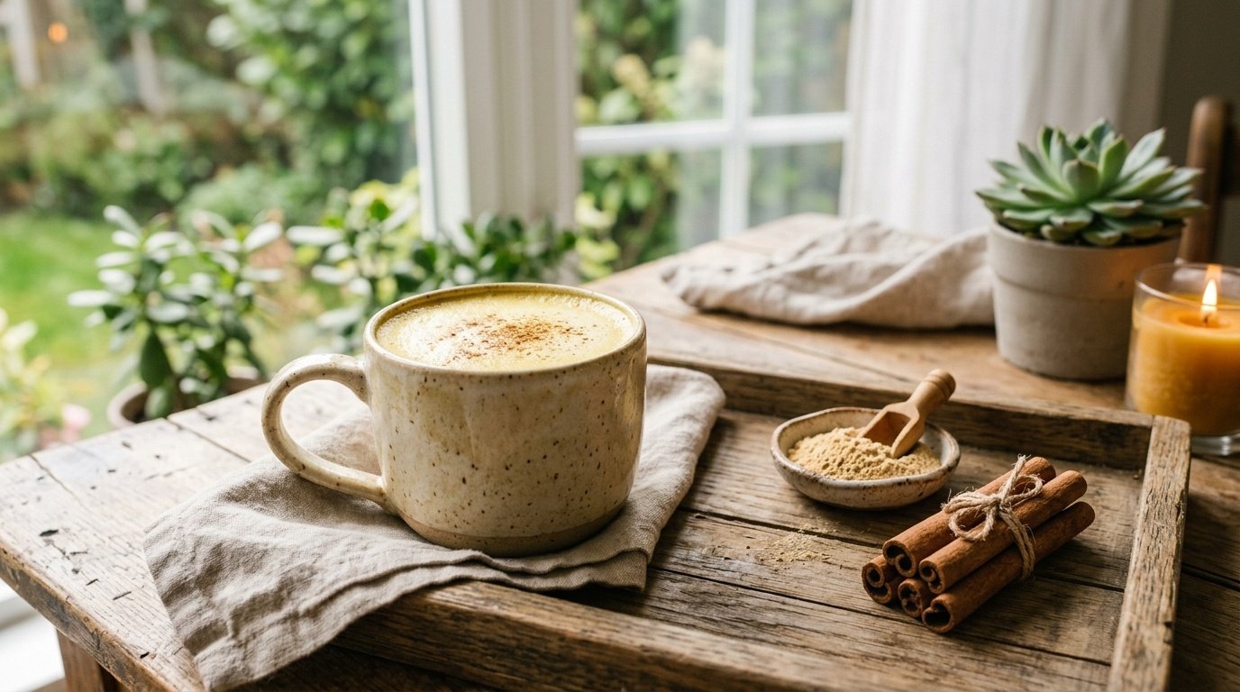 Secawan minuman latte herba maca suam berkrim ditaburi serbuk kayu manis di atas dulang kayu berhampiran tingkap