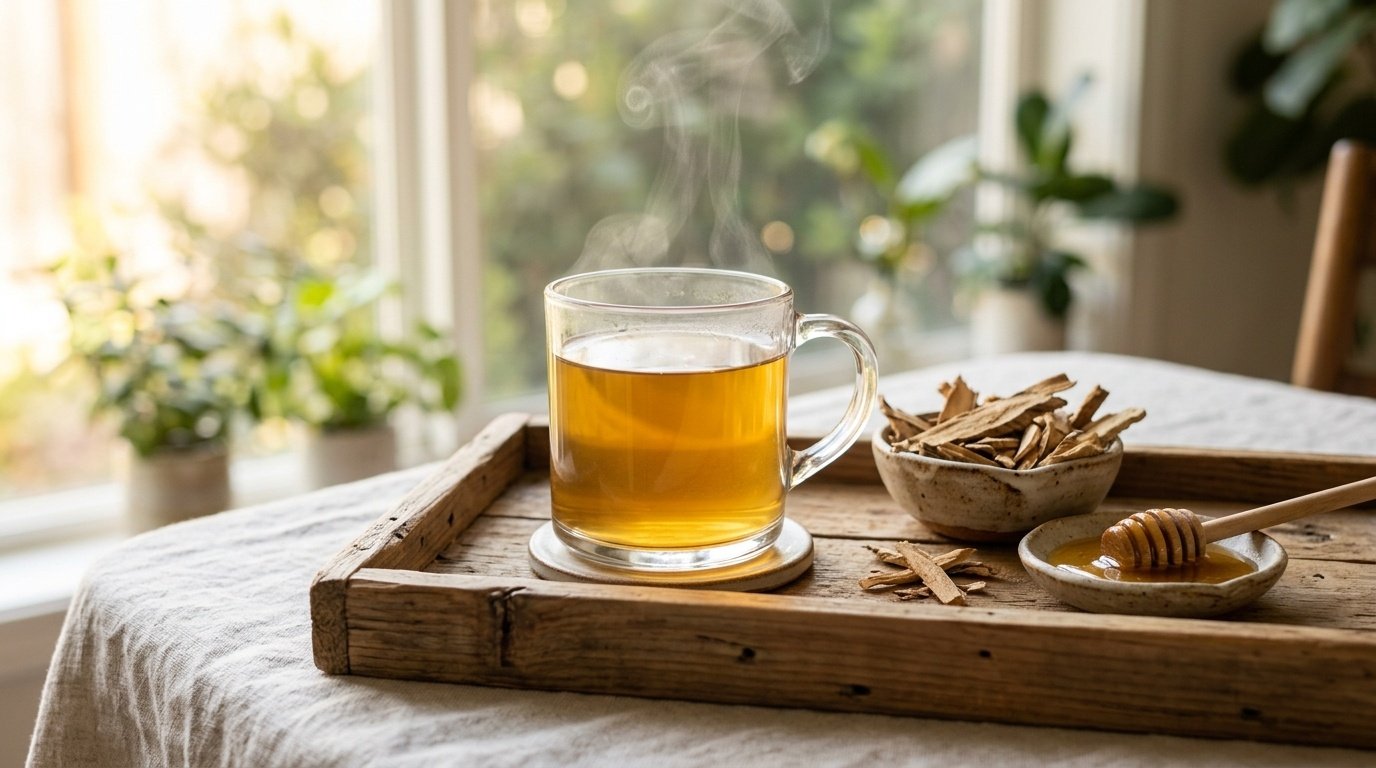 Segelas bancuhan air madu lebah asli suam untuk membekalkan tenaga selular harian yang berpanjangan