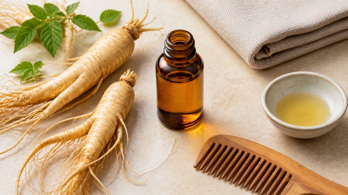 Minyak ginseng, akar ginseng dan sikat kayu untuk penjagaan rambut dan kulit kepala