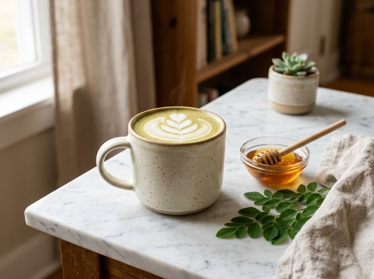 A warm creamy green moringa latte in a ceramic mug with latte art beside raw organic honey and fresh moringa sprigs on a marble table