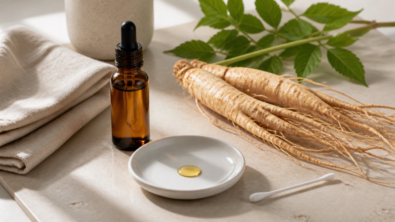 Minyak ginseng, piring seramik dan putik kapas untuk persediaan ujian tampalan