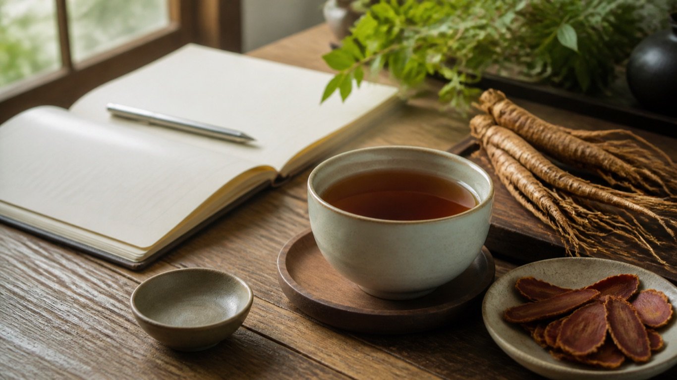 Red ginseng tea beside ginseng roots and a notebook