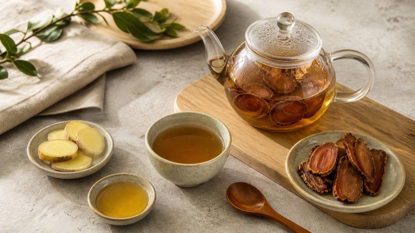 Red ginseng tea brewing ingredients with sliced root, ginger and honey