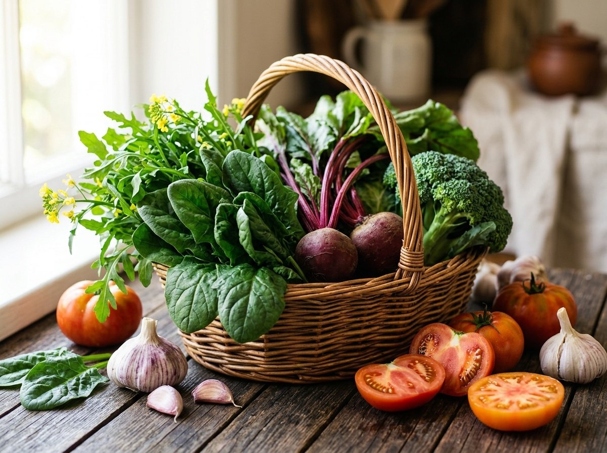 Bakul anyaman berisi bayam segar, daun arugula, ubi bit, brokoli, bawang putih dan tomato kaya dengan nitrat semulajadi untuk menguatkan kelancaran darah