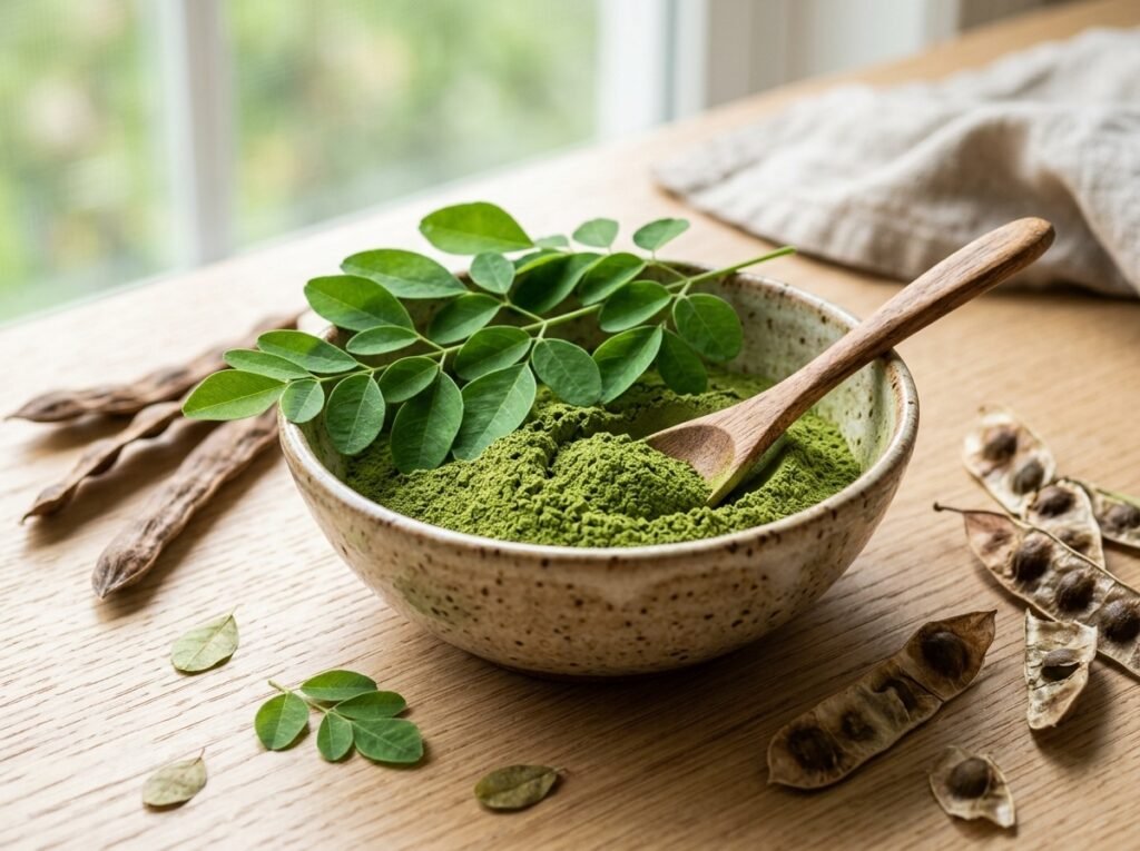 Daun kelor moringa segar dan serbuk hijau pekat di dalam mangkuk seramik bersama sudu kayu di atas meja kayu untuk kesihatan wanita