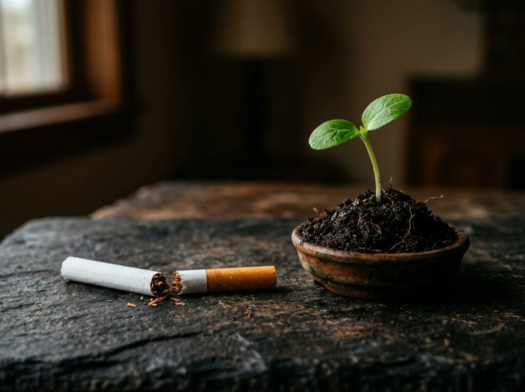 A cigarette snapped in half beside a fresh green organic sprout symbolizing smoking cessation and vascular recovery