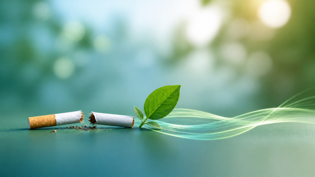 A broken cigarette beside a green leaf symbolising better vascular health after quitting smoking
