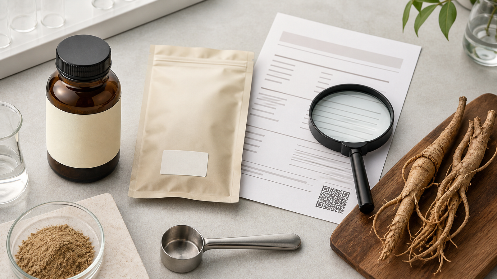Checking a Tongkat Ali label, batch details and laboratory documentation
