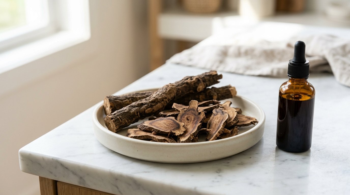 Wild harvested Malaysian Tongkat Ali (Eurycoma longifolia) root slices and standardized herbal extract for male energy and stamina