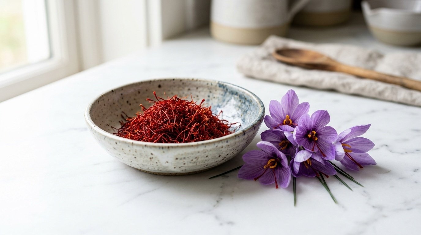 Urat bunga zafaran merah pekat di dalam mangkuk seramik bersama kuntum bunga crocus ungu di atas meja marmar untuk kesihatan lelaki
