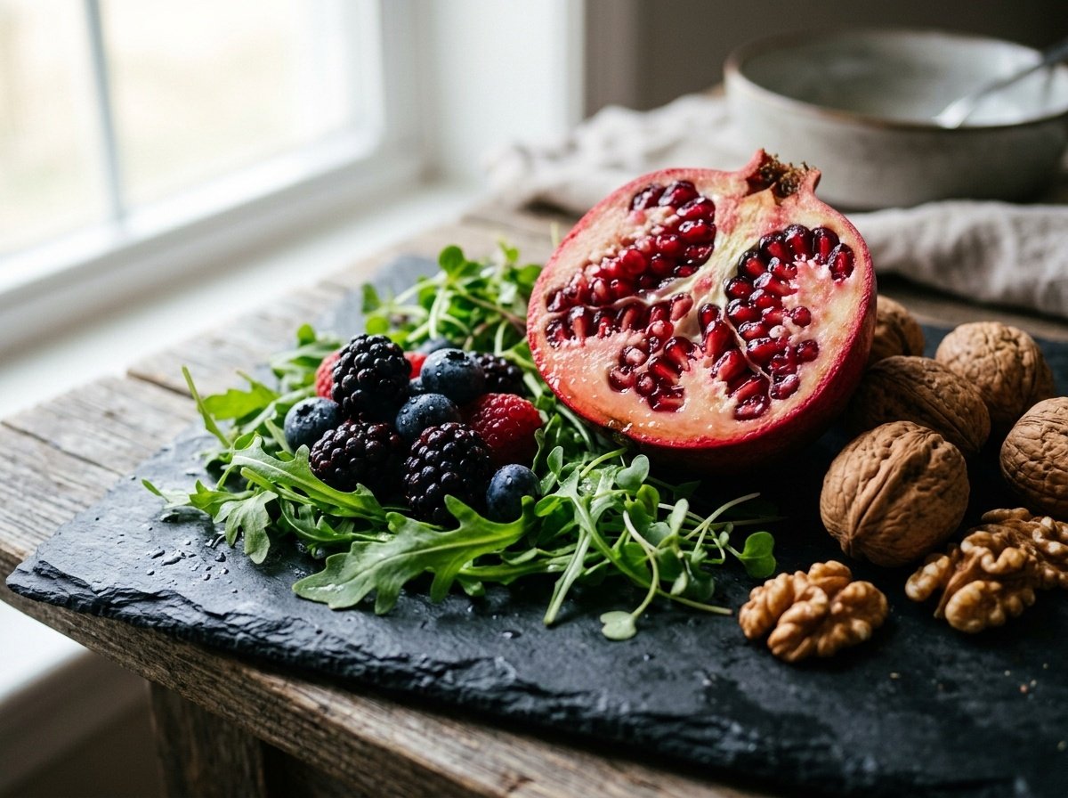 A rustic slate serving board with fresh sliced ripe pomegranate, blackberries, blueberries, fresh arugula, and walnuts on rustic wood