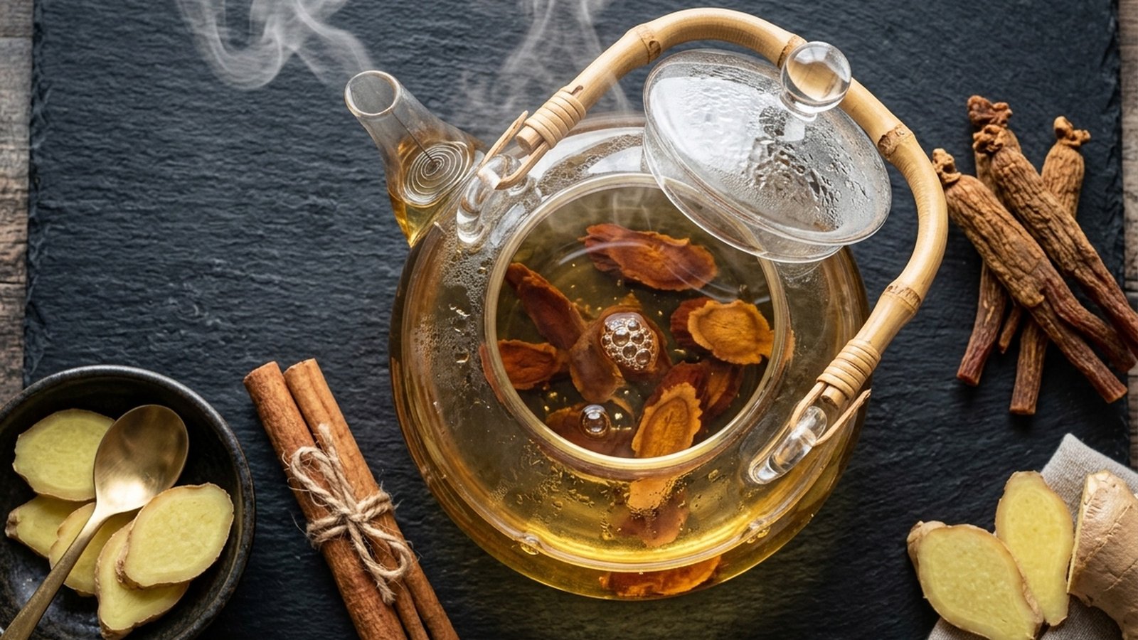 Glass teapot with simmering Korean red ginseng liquid infusion and concentrated extract elixir