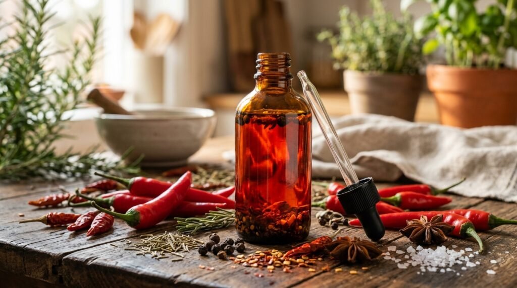 Amber dropper bottle with pure chili infused herbal oil and whole red chili peppers for circulation and wellness
