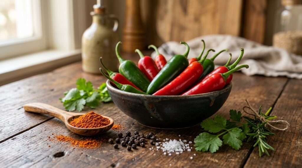 Ceramic bowl with fresh red and green chili peppers and cayenne spice powder for circulatory vitality