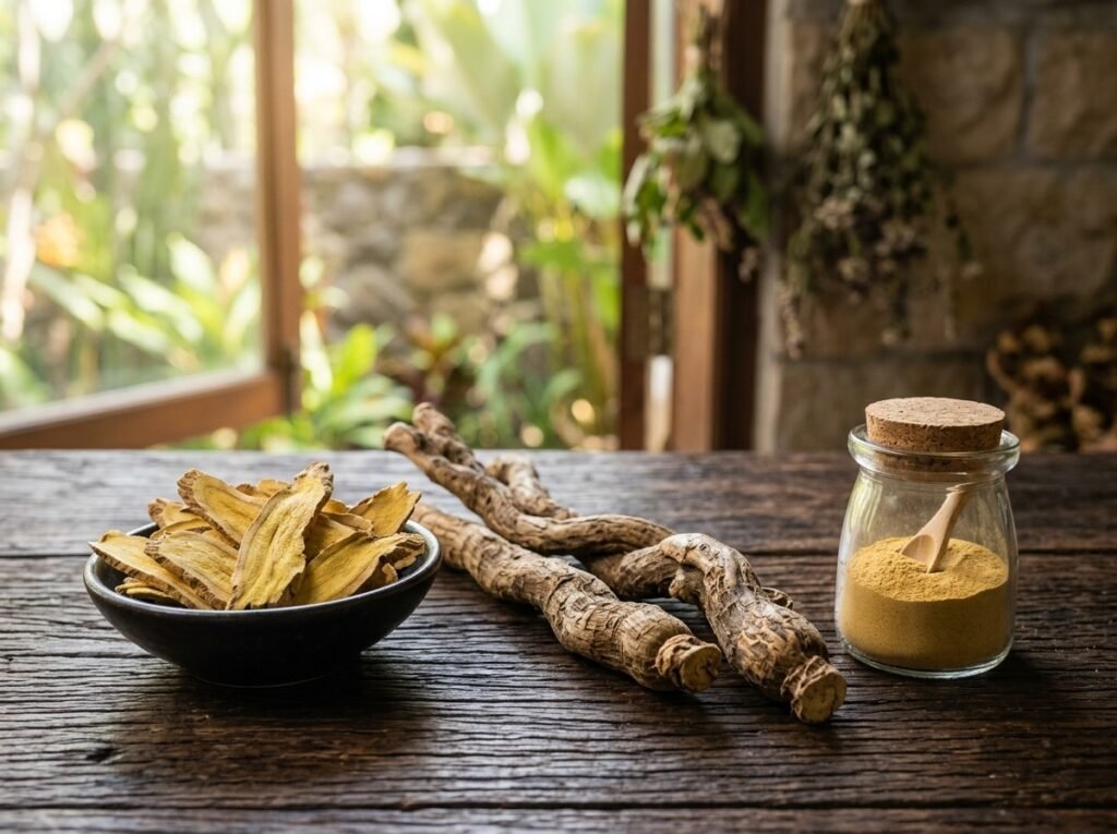Kepingan hirisan akar Tongkat Ali kuning asli di sebelah batang akar dan balang kaca serbuk ekstrak piawai di atas meja kayu