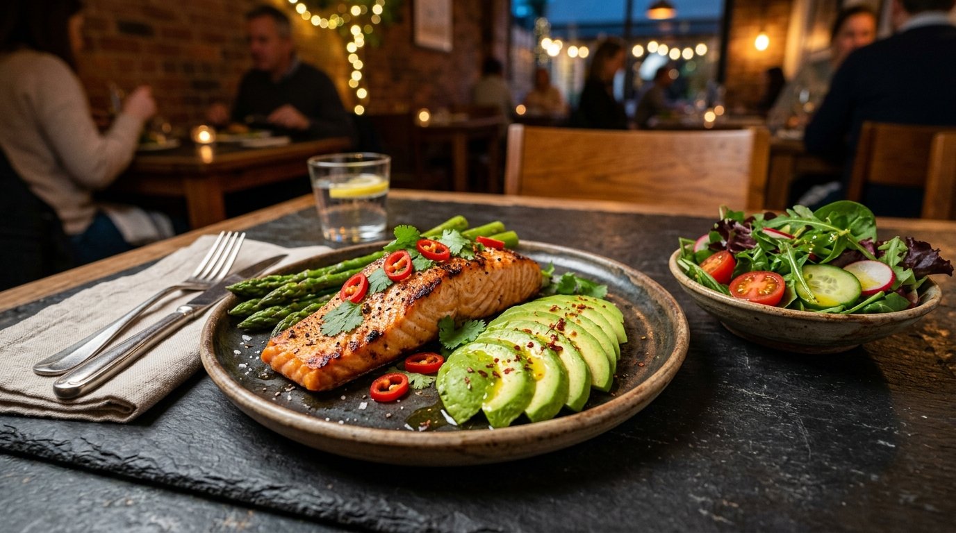 Nutrient-dense Mediterranean salmon dish garnished with fresh chili peppers for vascular wellness