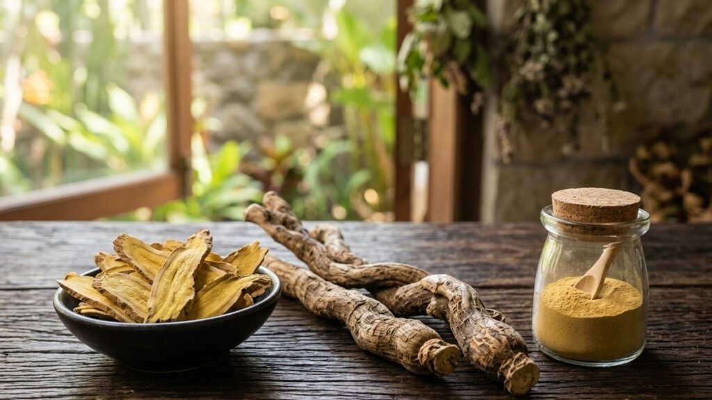 Foto resolusi tinggi herba akar asli termasuk Tongkat Ali, Ginseng Merah Korea, dan Maca untuk kekuatan ereksi semulajadi