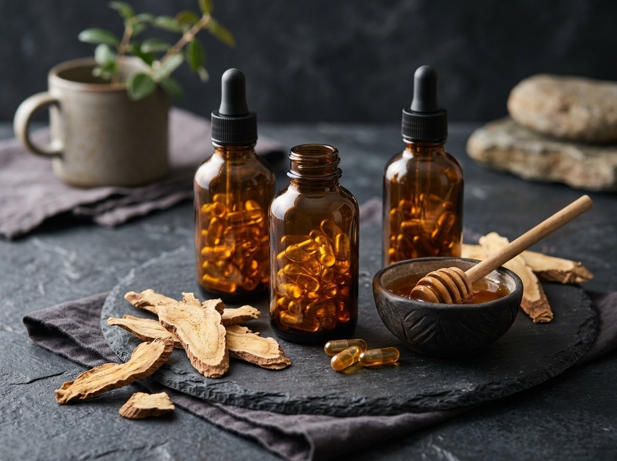 Botol kaca penitis dan kapsul ekstrak herba Tongkat Ali di sebelah kepingan akar dan madu lebah asli di atas batu papak