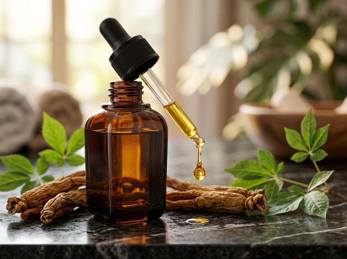 Botol penitis amber mengandungi serum pati ginseng merah Korea di atas meja marmar