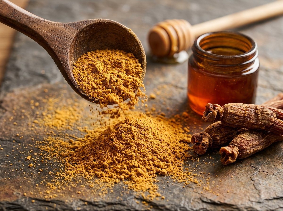 Menyukat serbuk pati ginseng merah Korea bergred tinggi untuk diadun bersama madu lebah asli