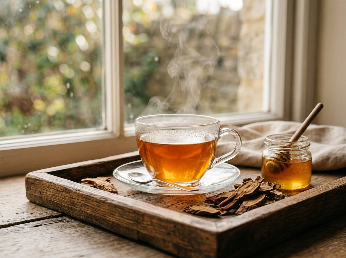 Cawan teh herba ginseng merah Korea diminum semasa sarapan pagi untuk memelihara kualiti tidur malam