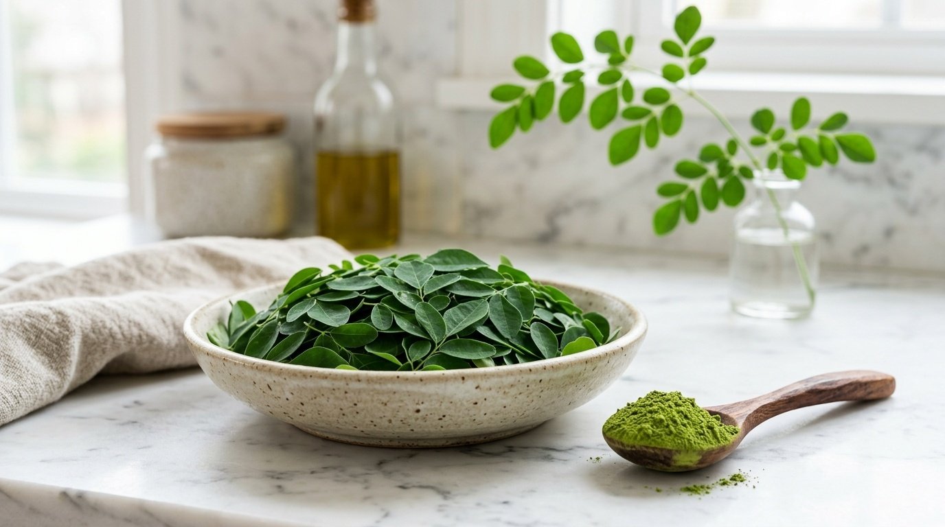 A ceramic bowl filled with fresh green Moringa oleifera leaves beside finely ground leaf powder on a wooden spoon on a marble table for male vitality
