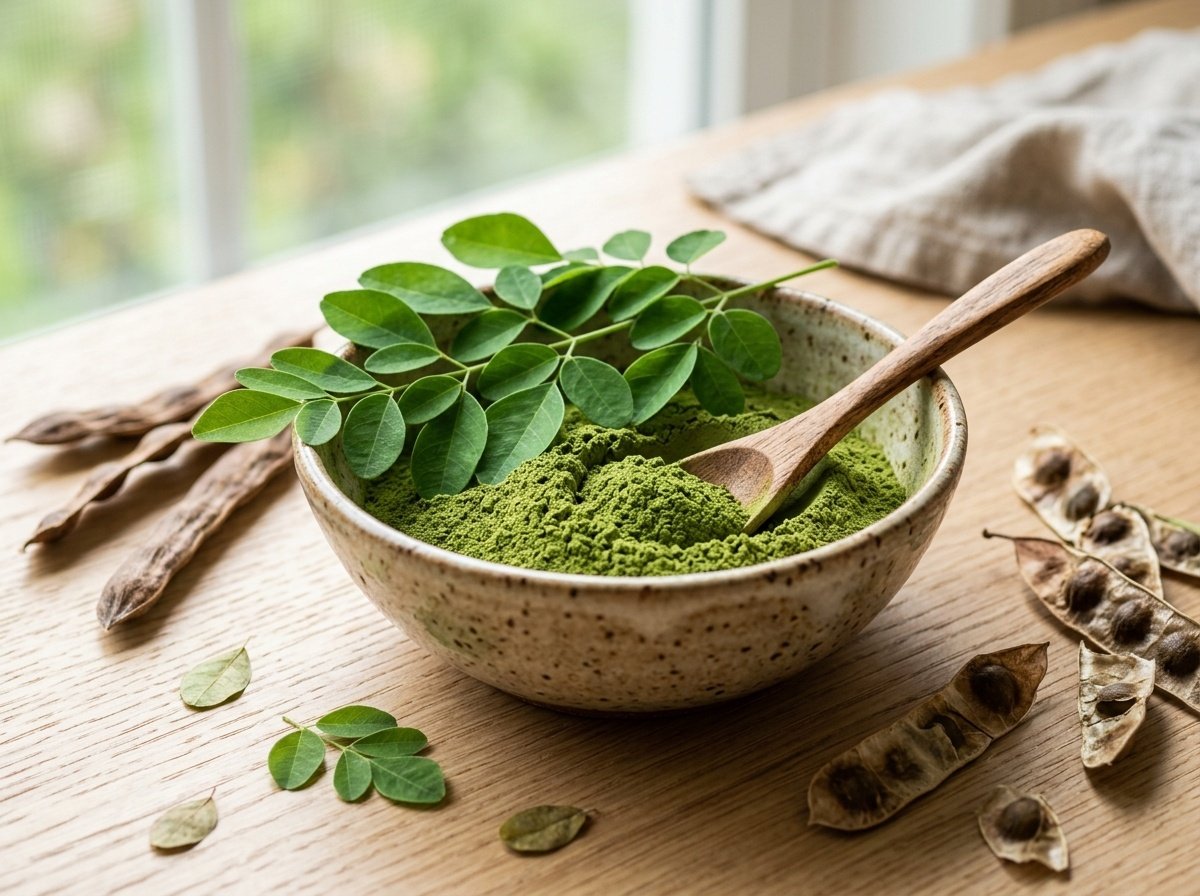 A ceramic bowl of vibrant organic herbal adaptogen powder with a wooden spoon, fresh green leaves, and seed pods on a sunlit wooden table