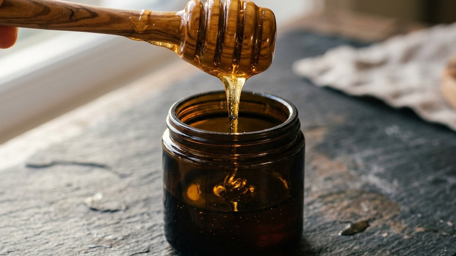 Authentic golden raw honey in glass jar with wooden honey dipper and honeycomb