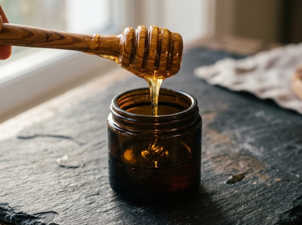 A wooden honey dipper drizzling pure organic raw honey into an amber glass jar on a dark slate stone surface