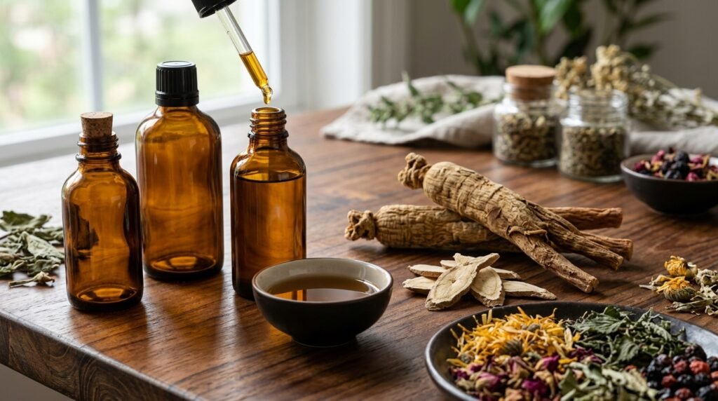Amber apothecary bottles with raw ginseng roots, ashwagandha, and botanical extracts for safe supplementation