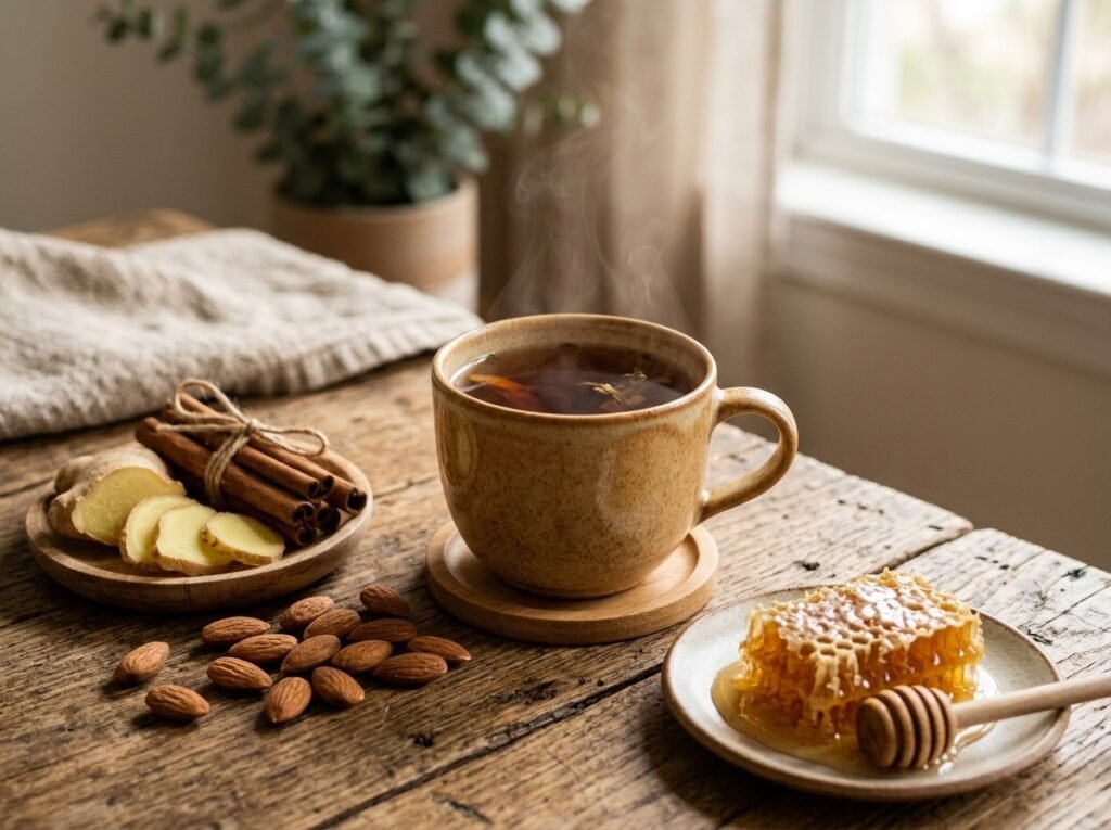 A steaming ceramic cup of herbal tea on a rustic wooden table beside raw honeycomb with wooden dipper, sliced ginger, and whole almonds