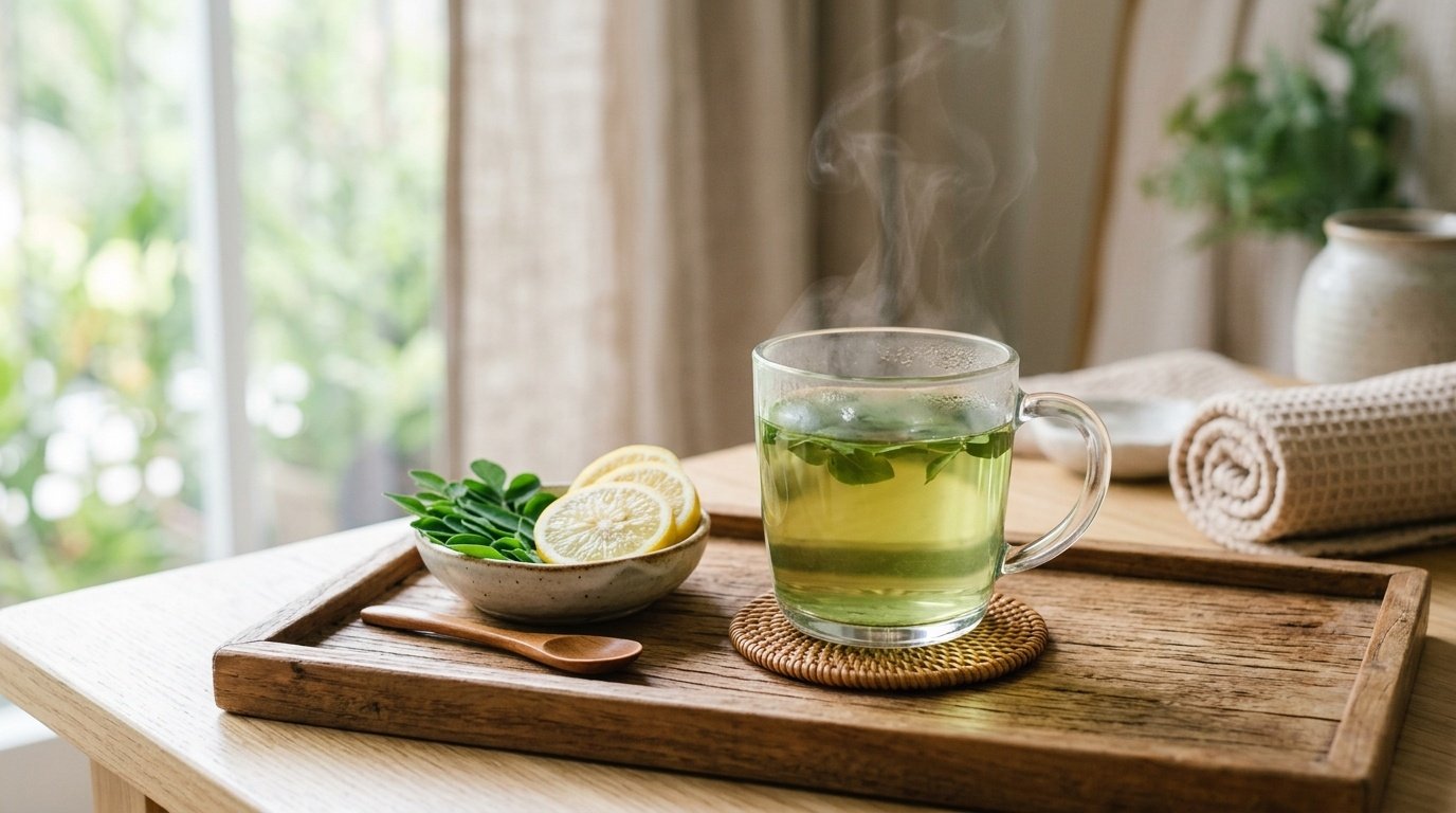 A steaming clear glass mug of fresh green moringa herbal tea infusion on a wooden tray with fresh lemon slices for male circulation