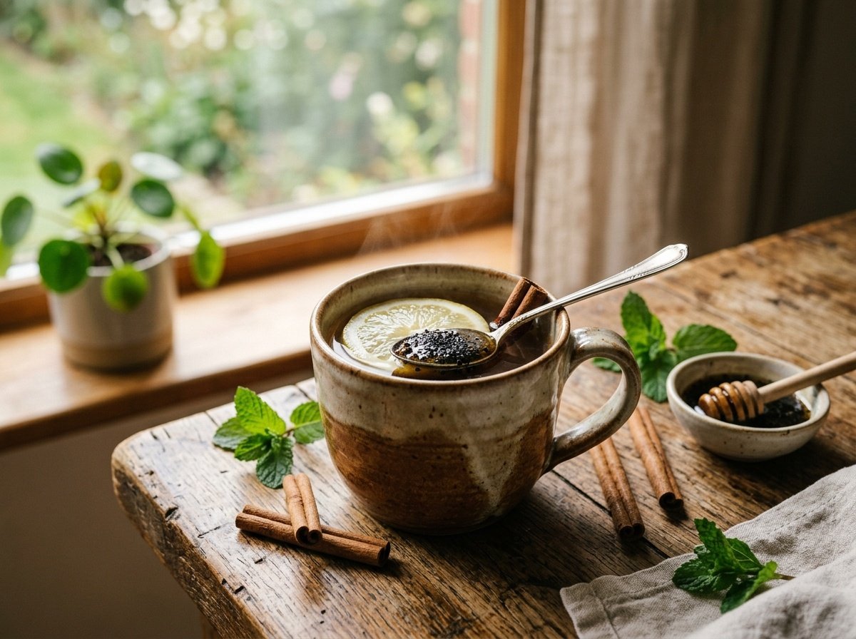 A rustic ceramic mug of warm herbal tea with a lemon slice and cinnamon stick beside a bowl of dark honey with wooden dipper on an aged wooden table